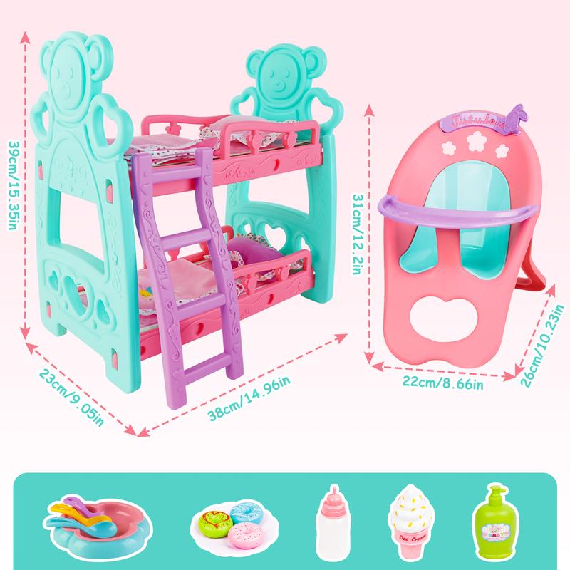 deAO Doll Accessories Bunk Bed Doll Crib & High Chair,Doll Furnitures Toy Bed Doll Crib for Twin Dolls fits 12 13 14 Inch,Great Pretend Play Toy