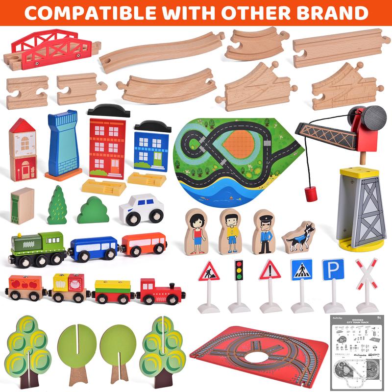 88PCS Magnetic Track Wooden Train Cargo Car Track with Realistic City Scenery Education Toy Set for Kids