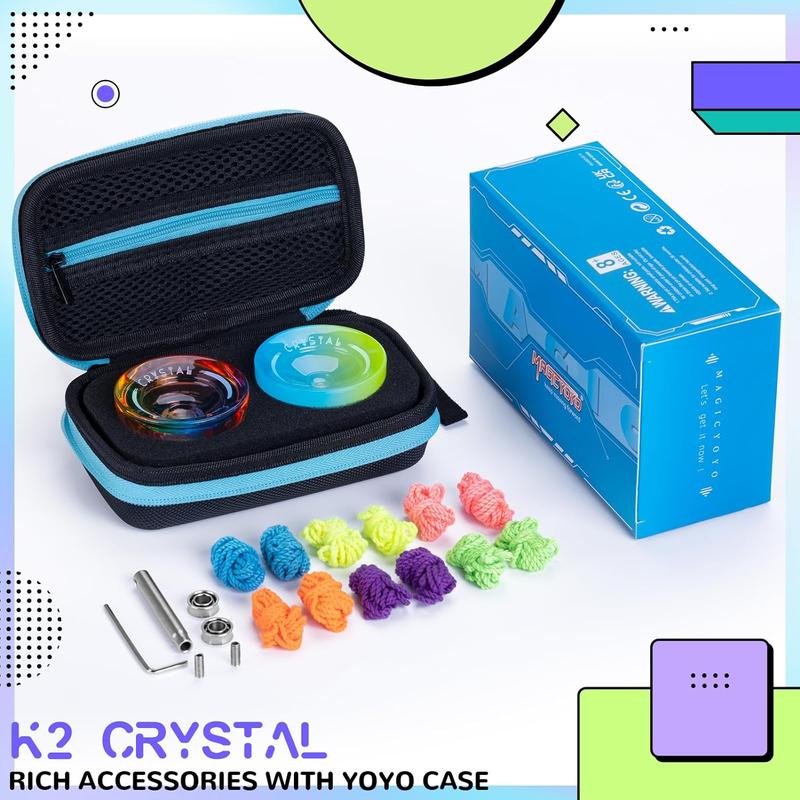 MAGICYOYO Pack of 2 Yoyos K2 Crystal- Dual Purpose Responsive Yo-yo for Kids Beginners, with Extra Unresponsive Yo Yo Bearing+ Removal Tool + 12 Yoyo Strings+ Yo-yo Case(Rainbow Gradient)