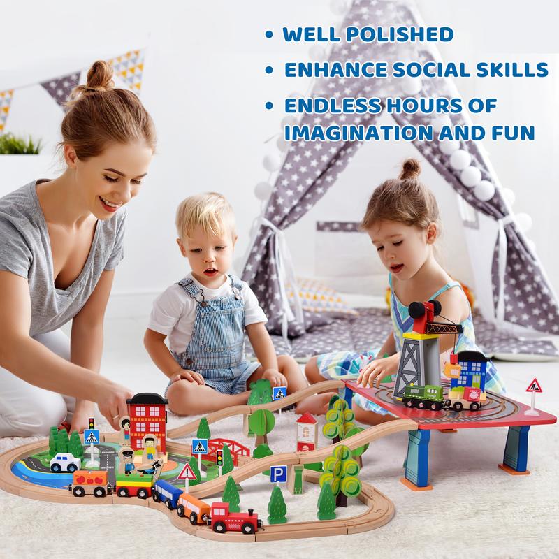 88PCS Magnetic Track Wooden Train Cargo Car Track with Realistic City Scenery Education Toy Set for Kids