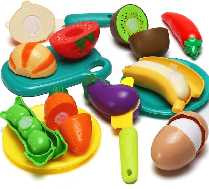 70 PCS Cutting Play Food Toy for Kids Kitchen, Pretend Fruit & Vegetable Accessories with Shopping Basket, Mini Dishes, Education Toy for Toddler