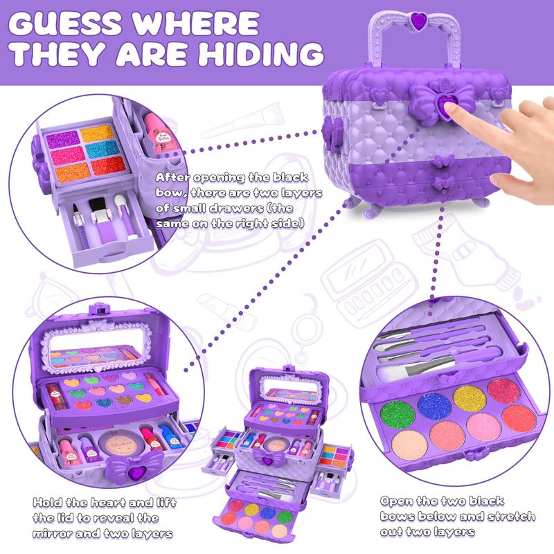 54Pcs Kids Makeup Kit for Girls, Princess Real Washable Pretend Play Cosmetic Set Toys with Mirror, Non-Toxic & Safe, Birthday Gifts for 3 4 5 6 7 8 9 10 Years Old Girls Kids (Purple) Halloween Butterfly