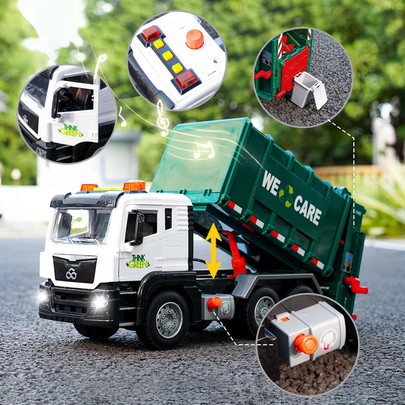 Garbage Truck Toy for Kids, Large Friction Powered Trash Truck Toy with Lights and Sounds, 4 Trash Bins and Sorting Cards, Perfect Gift for Kids