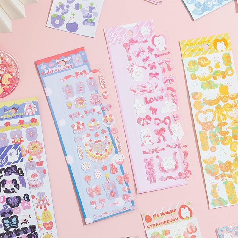 16 Sheets Korean Deco Stickers Set, DIY Colorful Glitter Self Adhesive Stickers with Cute Animal Pattern, Kpop Potocard Korean Stickers, Cute Deco Stickers for Scrapbook Card DIY Decor Craft