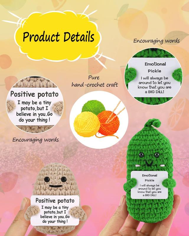 2PCS Positive Crochet Potato Pickle Birthday Gifts, Mom Dad Friend Gifts for Anniversary & Christmas Day, Cute Funny Emotional Positive Knitted Cucumber, Room Decors