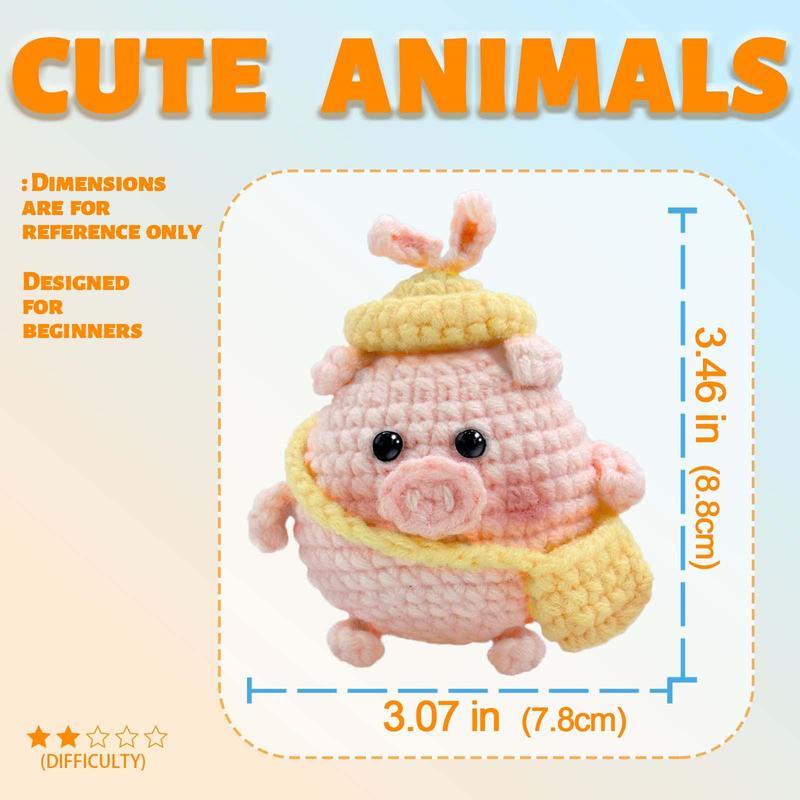 Cute Piggy Design Crochet Kit(1 Set), Including Yarn, Videos Tutorials, Crochet Tools, Stuffing, Seam Markers, Instructions & Knitting Tools