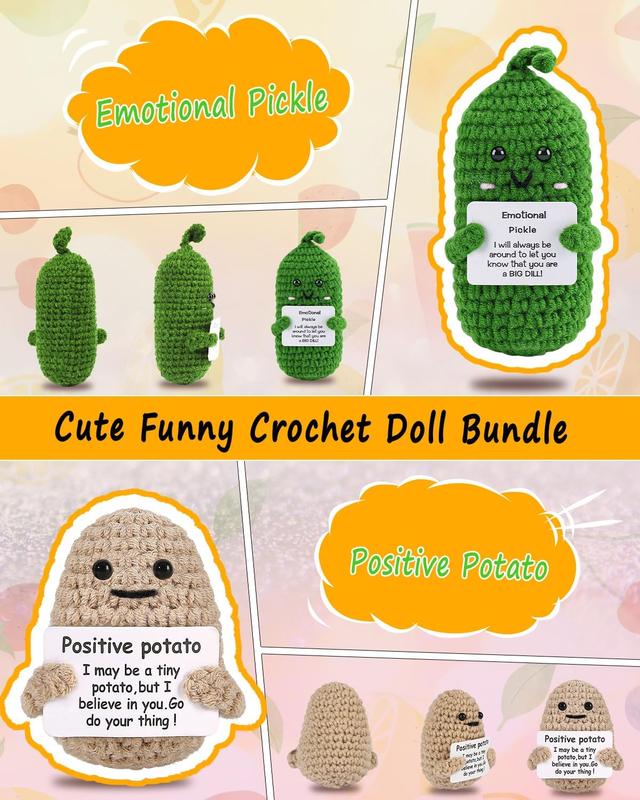 2PCS Positive Crochet Potato Pickle Birthday Gifts, Mom Dad Friend Gifts for Anniversary & Christmas Day, Cute Funny Emotional Positive Knitted Cucumber, Room Decors