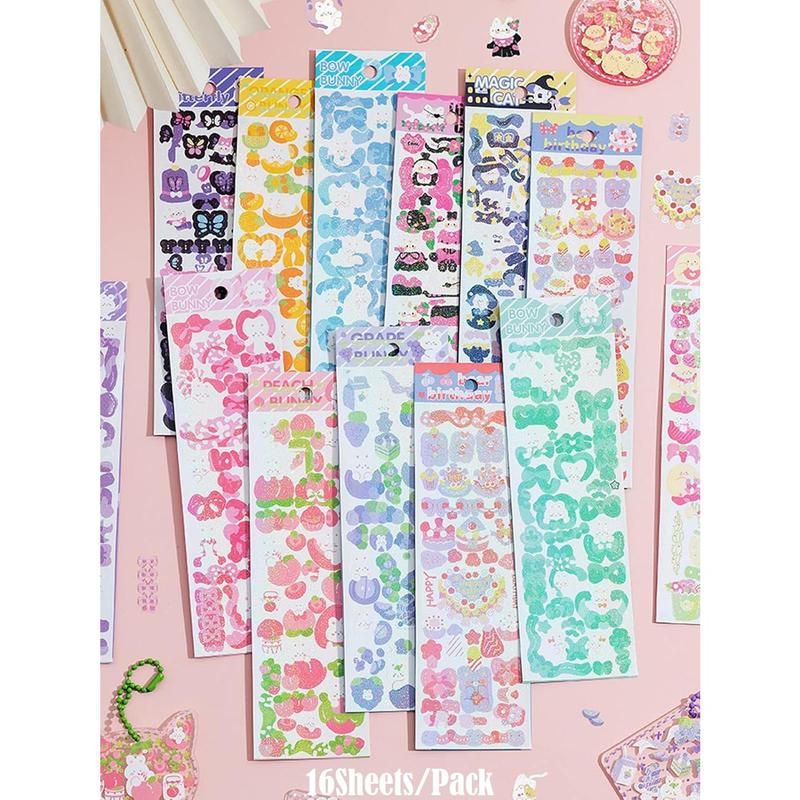 16 Sheets Korean Deco Stickers Set, DIY Colorful Glitter Self Adhesive Stickers with Cute Animal Pattern, Kpop Potocard Korean Stickers, Cute Deco Stickers for Scrapbook Card DIY Decor Craft