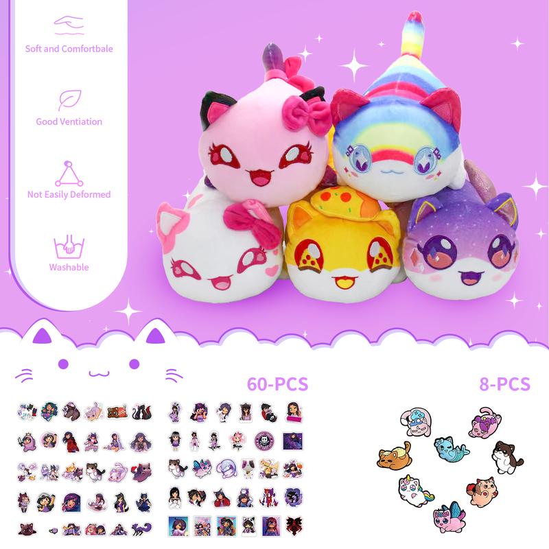 69-PCS 11-inches Cat Plush + 60 Stickers + 8 Shoes Charms- Goddess Cat Collection - 100% Embroidered plush - Cat Stuffed Animal Collection (Goddess, KC, KC Heart, Rainbow, Noi Pizza, Cat)