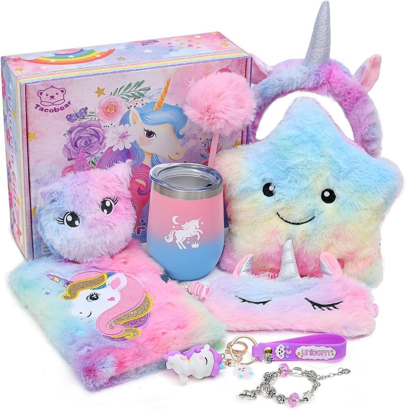 Unicorns Gifts for Girls Kids Toys 6 7 8 9 10 Years Old with Star Light Up Pillow Stationery Plush Diary with Lock Headband Eye Mask Water Bottle Teen Girl Birthday Christmas Unicorn Toy