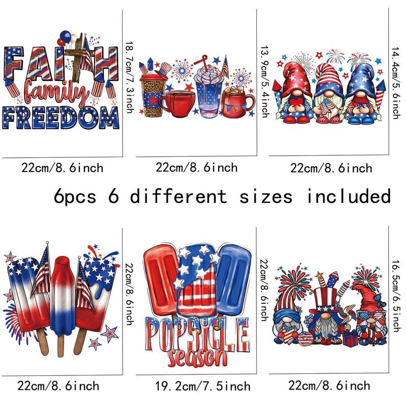 6pcs Independence Day Themed Iron On Decal, DIY Heat Transfer Sticker For Clothes, DIY Decoration Thermal Sticker For T-shirt, Hoodie, Jacket, Jeans, Bags, Vests, Hats And Backpack