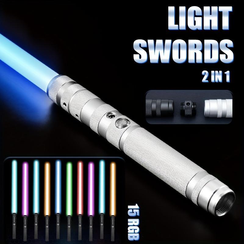 2 in 1 Light Up Saber, RGB 15 Colors LED Dual Laser Swords with 3 Modes Sound, Toy Sword for Kids, Cosplay, Party, Outdoor Play