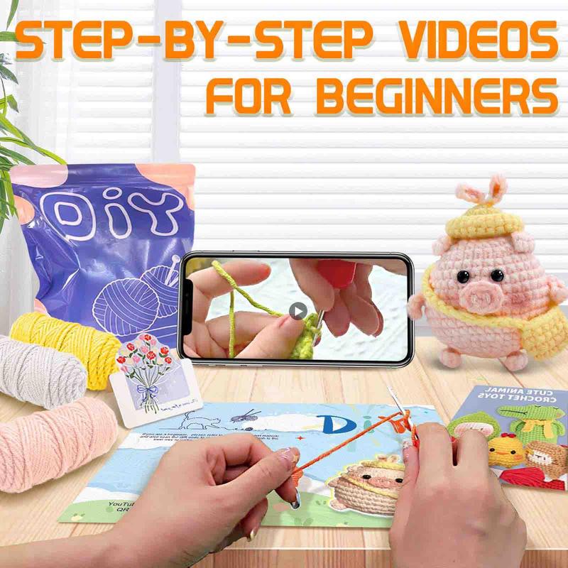 Cute Piggy Design Crochet Kit(1 Set), Including Yarn, Videos Tutorials, Crochet Tools, Stuffing, Seam Markers, Instructions & Knitting Tools