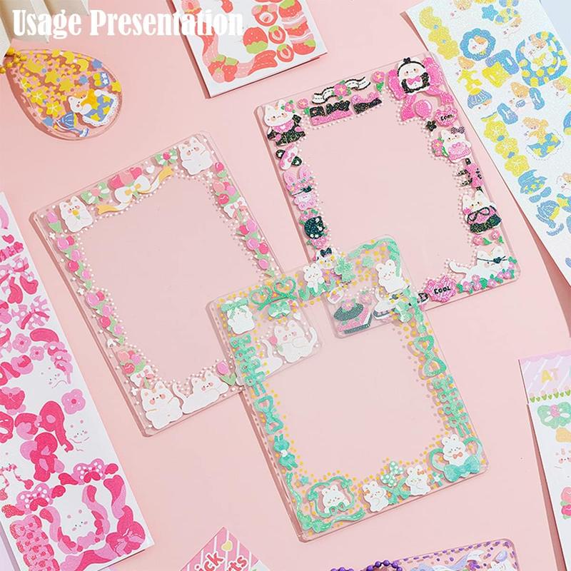 16 Sheets Korean Deco Stickers Set, DIY Colorful Glitter Self Adhesive Stickers with Cute Animal Pattern, Kpop Potocard Korean Stickers, Cute Deco Stickers for Scrapbook Card DIY Decor Craft