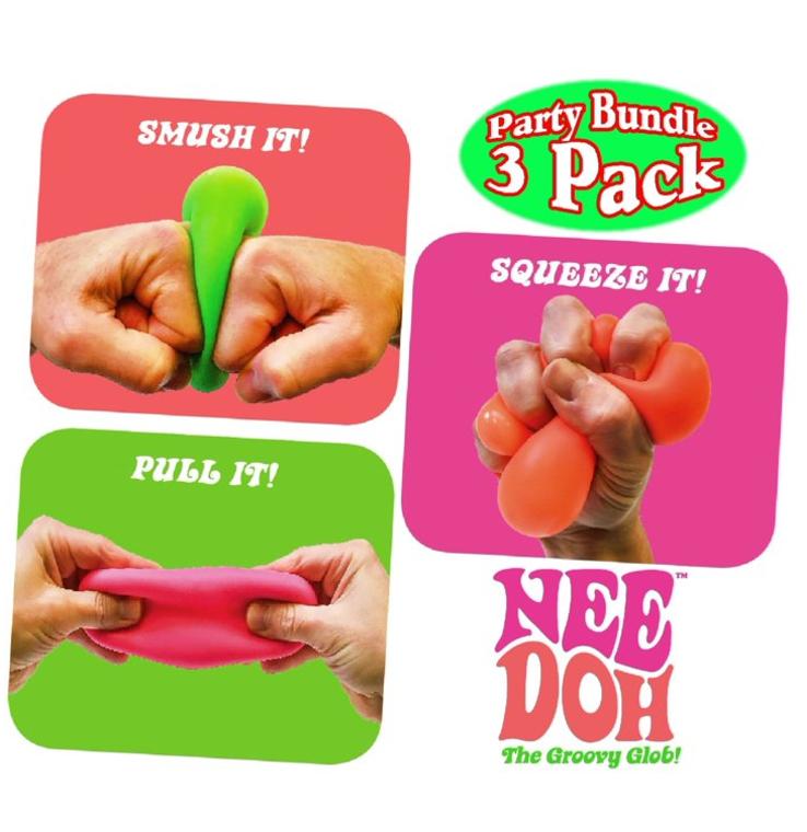 Schylling NeeDoh The Groovy Glob! Squishy, Squeezy, Stretchy Stress Balls Green, Orange & Pink Complete Gift Set Party Bundle - 3 Pack