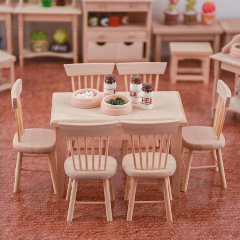 1 12 Miniature Dollhouse Furniture Wooden Dining Table Chair Simulation Toy