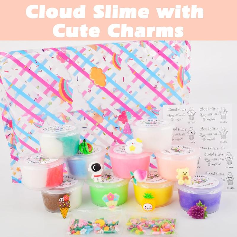 10 Pack Cloud Slime Kits with Pink Peachybbies and Red Strawberry Charms, Soft Non-Sticky, Scented DIY Toys for Kids, Birthday Gifts, Party Favours for Girls and Boys