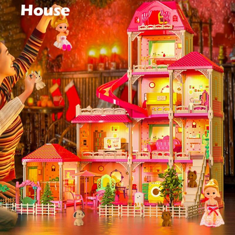 Dolls House, 4 Stories 10 Rooms Dolls House with 2 Princesses Slide Accessories, Playset Playhouse Gift