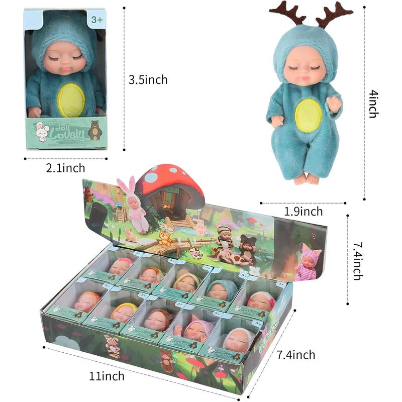 [IN STOCK]10 Pcs 4 Inch Mini Reborn Baby Dolls Set Cute Small Baby Doll with Handmade Animal Clothes - Baby Doll Giftbox Gifts for Girls Boys