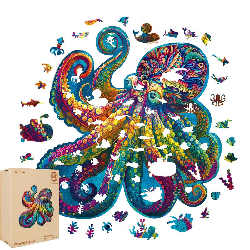 Wooden Puzzles, Octopus Jigsaw Puzzles, Unique Shaped Wooden Puzzle for Adults and Kids, Christmas Gift Family Game Laser Cut