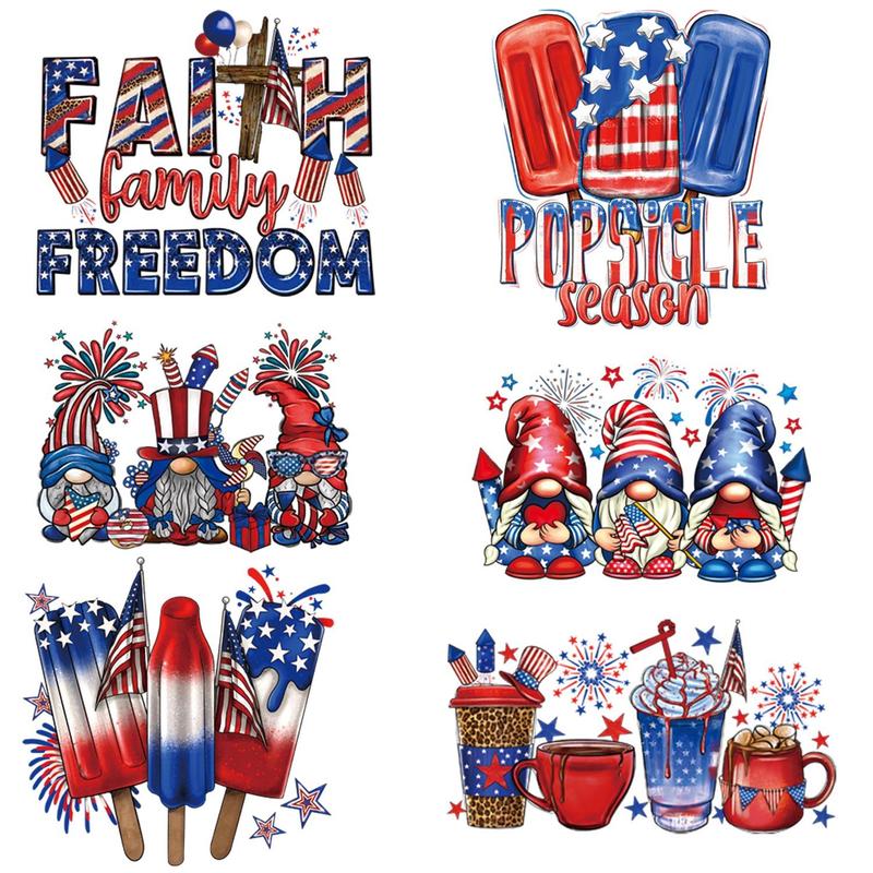 6pcs Independence Day Themed Iron On Decal, DIY Heat Transfer Sticker For Clothes, DIY Decoration Thermal Sticker For T-shirt, Hoodie, Jacket, Jeans, Bags, Vests, Hats And Backpack