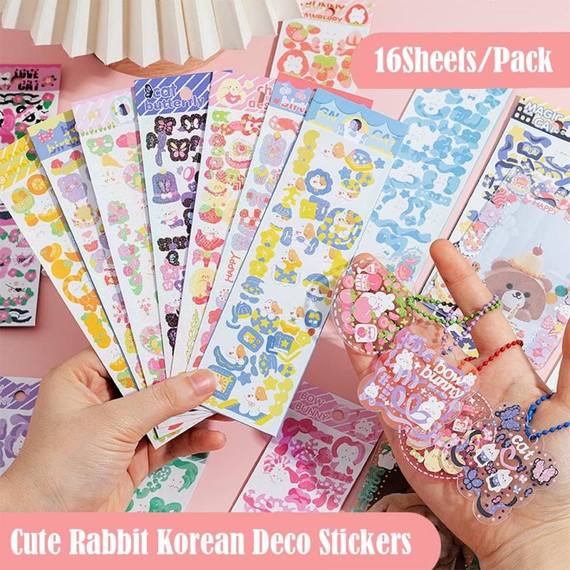 16 Sheets Korean Deco Stickers Set, DIY Colorful Glitter Self Adhesive Stickers with Cute Animal Pattern, Kpop Potocard Korean Stickers, Cute Deco Stickers for Scrapbook Card DIY Decor Craft