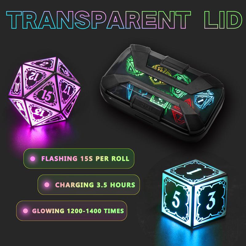 LED Dice Set For DND RGB Astral Shard Polyhedral Dice with Charging Case  7 Color Illuminated Dice for Tabletop Role Playing