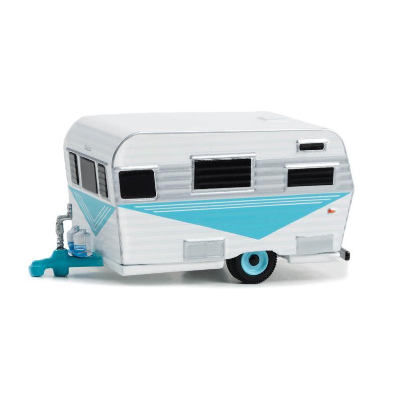 1958 Siesta Travel Trailer - Teal, White and Polished Silver (Hitched Homes Series 14) Diecast 1:64 Scale Model - Greenlight 34140B