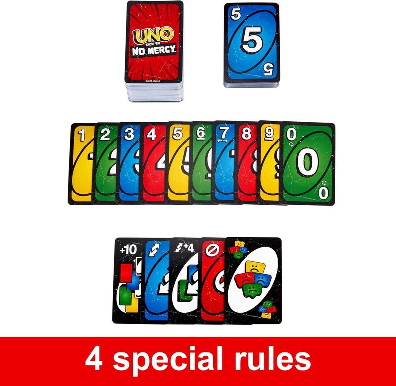 Mattel Games UNO Show ‘em No Mercy Card Game in Storage & Travel Tin for Kids, Adults & Family Night with Extra Cards, Special Rules & Tougher Penalties ( Exclusive)