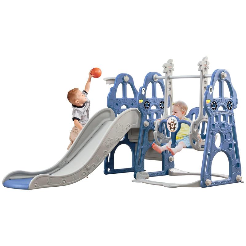 Toddler Slide and Swing Set 4 in 1 Toddler Playground with Swing Slide Climber and Basketball Baby Slide for Boys and Girls Backyard Playsets for Kids Indoor and Outdoor Blue