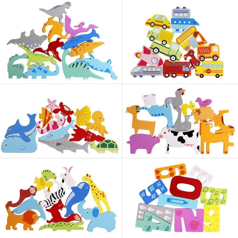 6 Packs Vehicles Animals Numbers Dinosaur Sorting & Stacking Toys Wooden Blocks and Puzzles for 3 4 5 Years Old Boys & Girls Birthday Holiday Montessori Gifts Toys for Kids