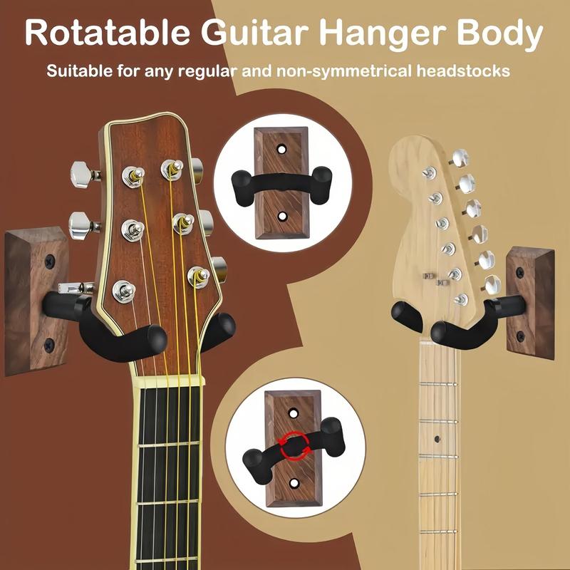 Wooden Wall Mounted Guitar Holder, 4 Counts Adjustable Guitar Hanger with Rotatable Soft Rubber Hook, Guitar Storage Hook