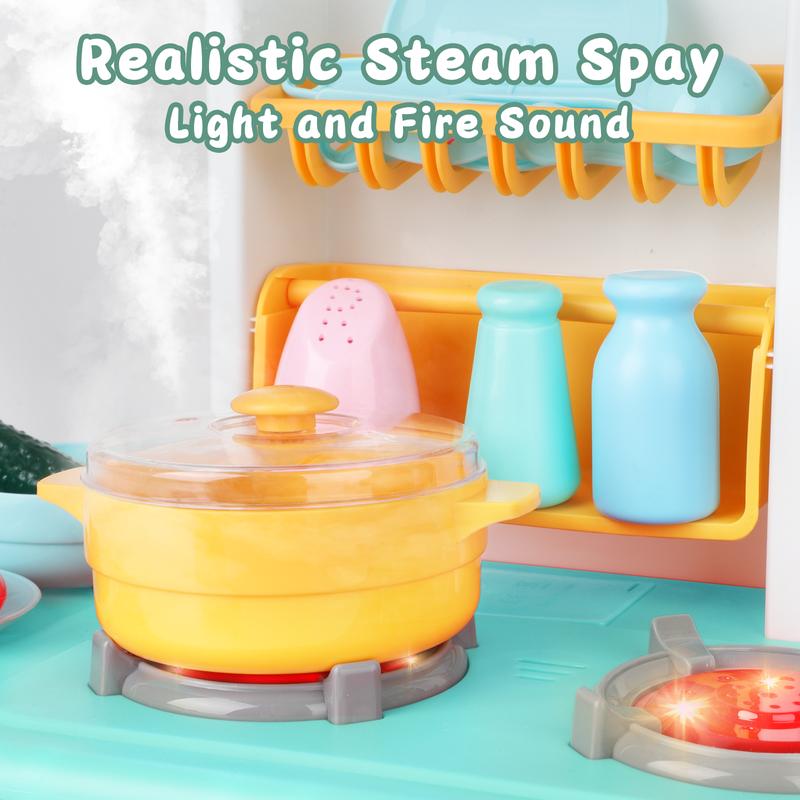 deAO Play Kitchen Toys, Kitchen Accessories, with Realistic Lights & Sounds, Simulation of Spray and Play Sink， Christmas Gift