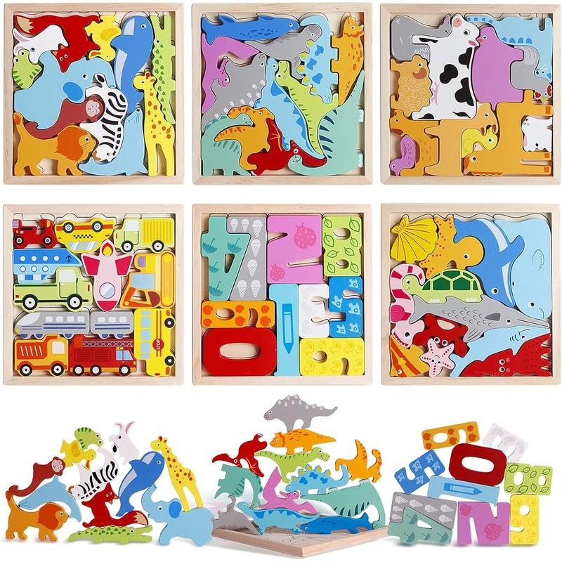 6 Packs Vehicles Animals Numbers Dinosaur Sorting & Stacking Toys Wooden Blocks and Puzzles for 3 4 5 Years Old Boys & Girls Birthday Holiday Montessori Gifts Toys for Kids