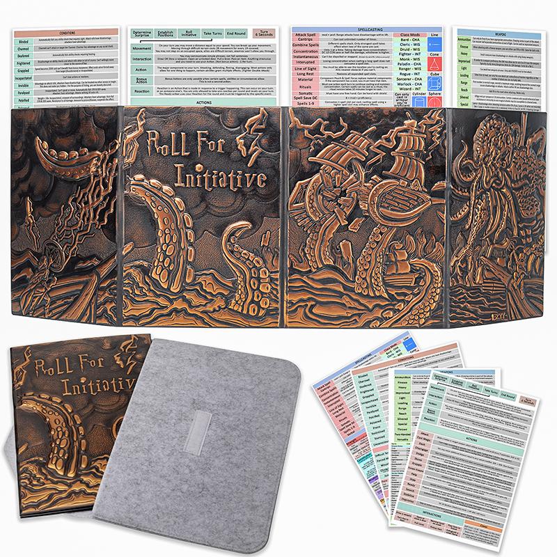 CZYY DND Dungeon Master Screen Four-Panel with Pockets, Faux Leather 3D Embossed with Cthulhu - Included DM Screen Inserts and Storage Case