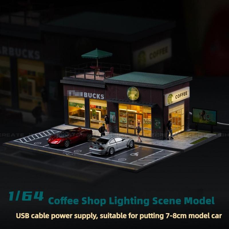 Diorama 1 64 Scale Car Garage Model LED Lighting Coffee Shop Repair Shop City Parking Lot Scene Display Building Model Toy Collection Gift