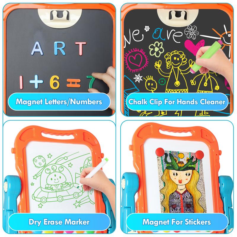 Double Sided Easel, 4 in 1 Kids Art Easel with Magnetic White Board & Chalk Board, Adjustable Standing Easel with Drawing & Writing Accessories, Educational Toy, Birthday Gift for Boys and Girls