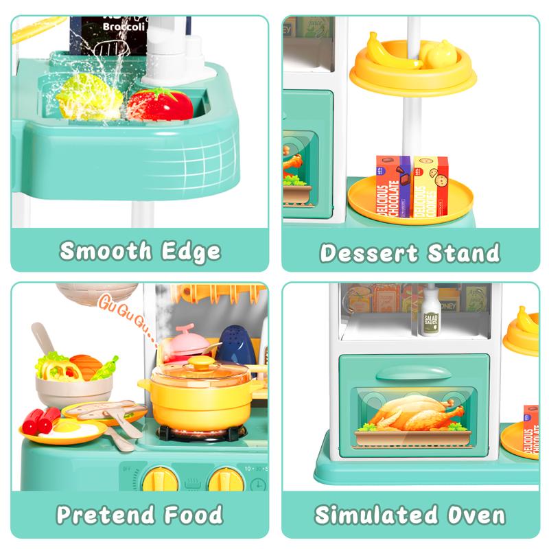 deAO Play Kitchen Toys, Kitchen Accessories, with Realistic Lights & Sounds, Simulation of Spray and Play Sink， Christmas Gift