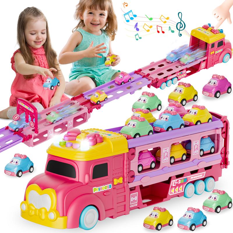 Car Toys for Age 2 3 4 5 6 7 Year Girl Toddler, Foldable Track & 2 Player Race Mode Game, Light & Sound Push Transport Carrier Truck W  6 Princess Car, Birthday Gift Idea for Kid