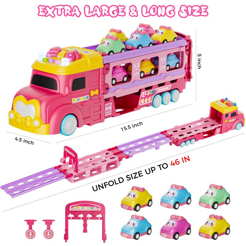 Car Toys for Age 2 3 4 5 6 7 Year Girl Toddler, Foldable Track & 2 Player Race Mode Game, Light & Sound Push Transport Carrier Truck W  6 Princess Car, Birthday Gift Idea for Kid