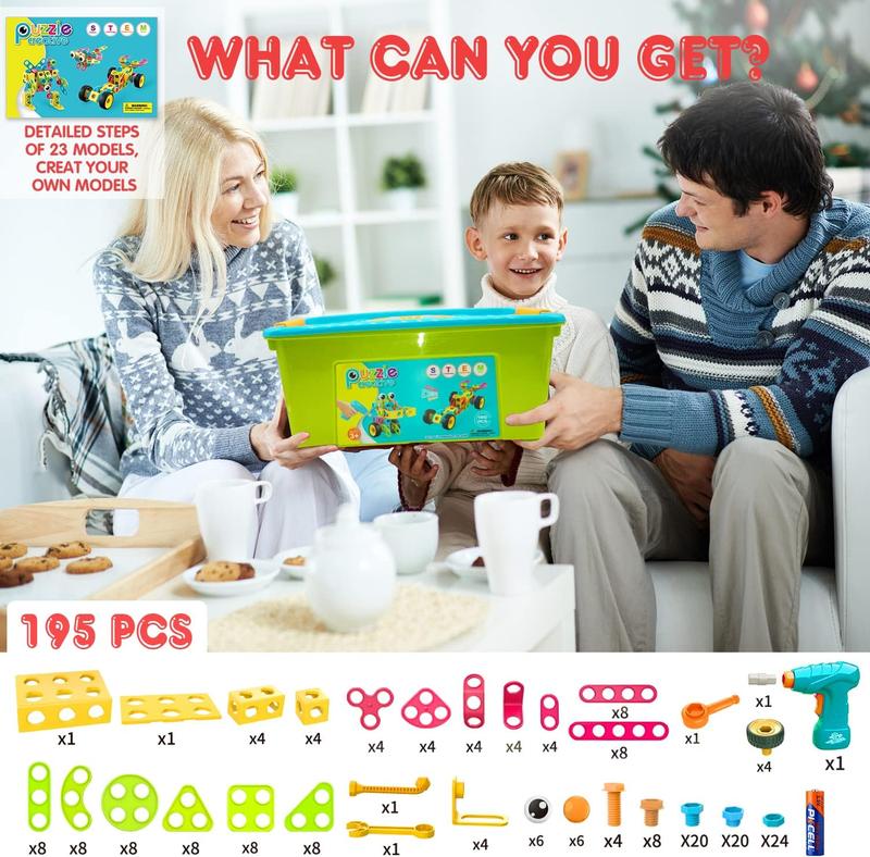 195 count Educational STEM Toys for Boys and Girls Ages 3 4 5 6 7 8 9 10 Construction Building Blocks Toy Building Sets Kids Toys Creative Activities Games with Storage Box