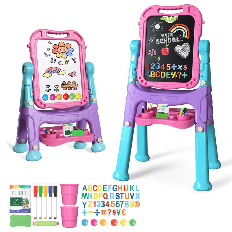 Double Sided Easel, 4 in 1 Kids Art Easel with Magnetic White Board & Chalk Board, Adjustable Standing Easel with Drawing & Writing Accessories, Educational Toy, Birthday Gift for Boys and Girls