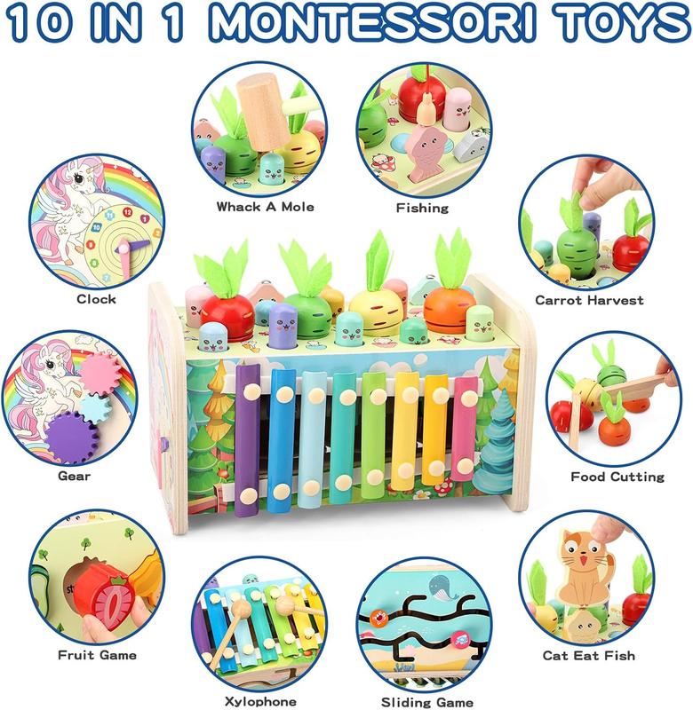 10 in 1 Montessori Toys for 1+ Year Old Wooden Hammering Pounding Unicorn Toy with Whack A Mole Xylophone Fishing