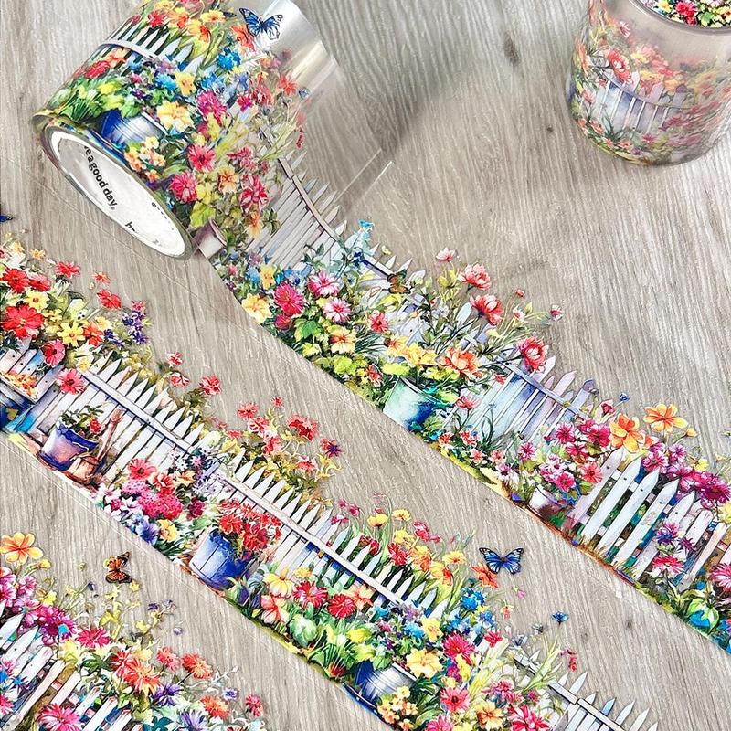 Flower Garden Pattern Decorative Tape, Boho Style Self Adhesive Decorative Tape, DIY Decorative Tape For Scrapbooking, Journaling, Gift Wrapping