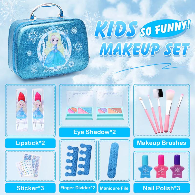 Frozen Makeup Kit for Girls, 16Counts Play Real Washable Makeup Kit Cosmetics Toys Gift Dress up Set Learning Educational Toy Birthday christmas Gifts