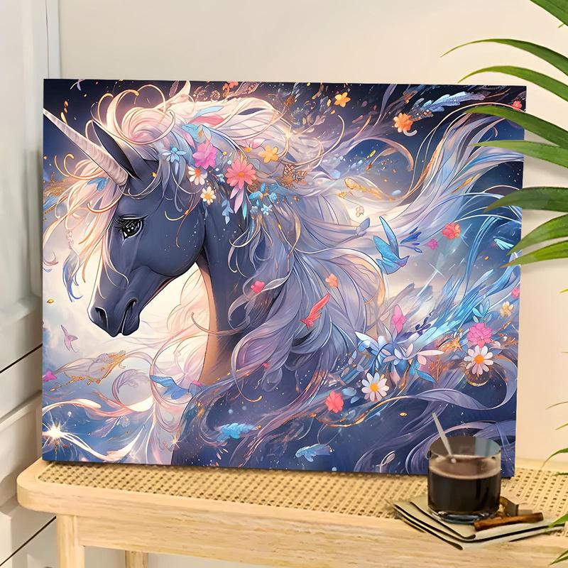 Unicorn Horse & Flower Pattern Paint By Number, 1 Set DIY Digital Oil Painting Kit on Canvas with Brush and Acrylic Pigment, Home Wall Decor (Frameless)