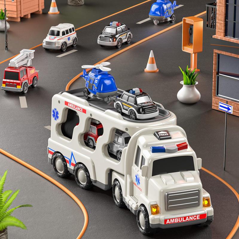 5 Pack Emergency Rescue Vehicle Truck Toys , Friction Power Cars with Rescue Helicopter, Police Car, Fire Truck, Ambulance Car, Birthday Gifts