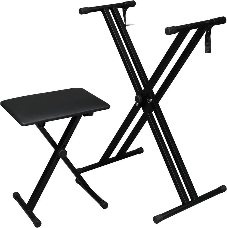 Ktaxon Double X Keyboard Stand and Bench Set, Adjustable Height Digital Piano Stand with Lockable Straps for 49 61 76 88 Keys