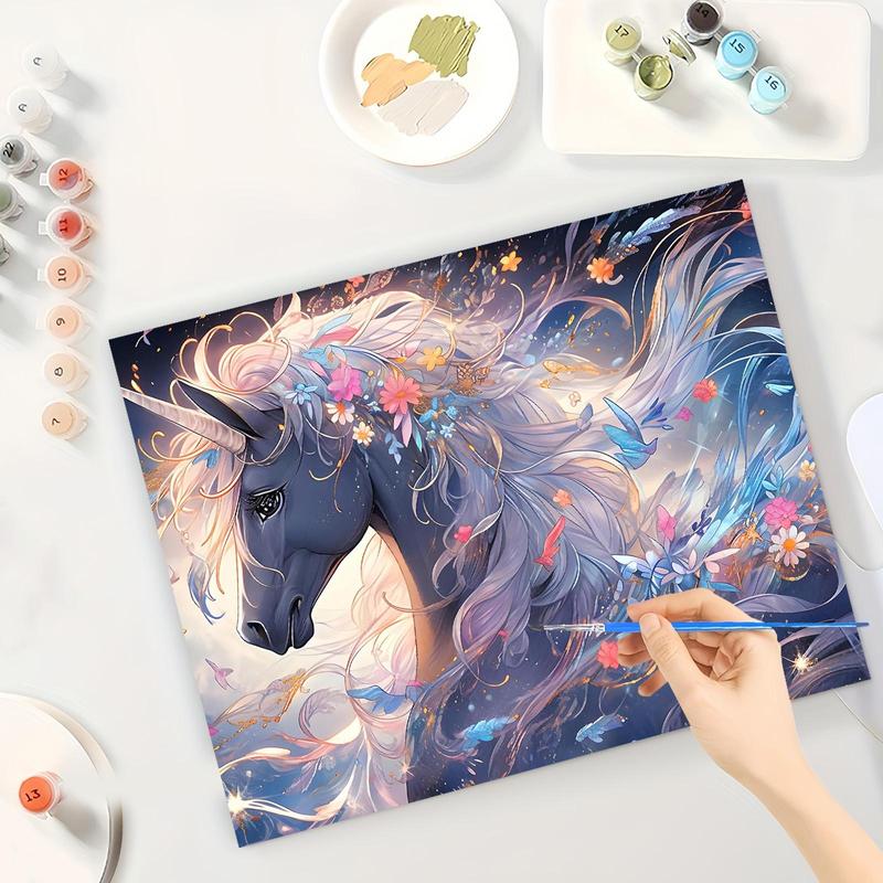 Unicorn Horse & Flower Pattern Paint By Number, 1 Set DIY Digital Oil Painting Kit on Canvas with Brush and Acrylic Pigment, Home Wall Decor (Frameless)