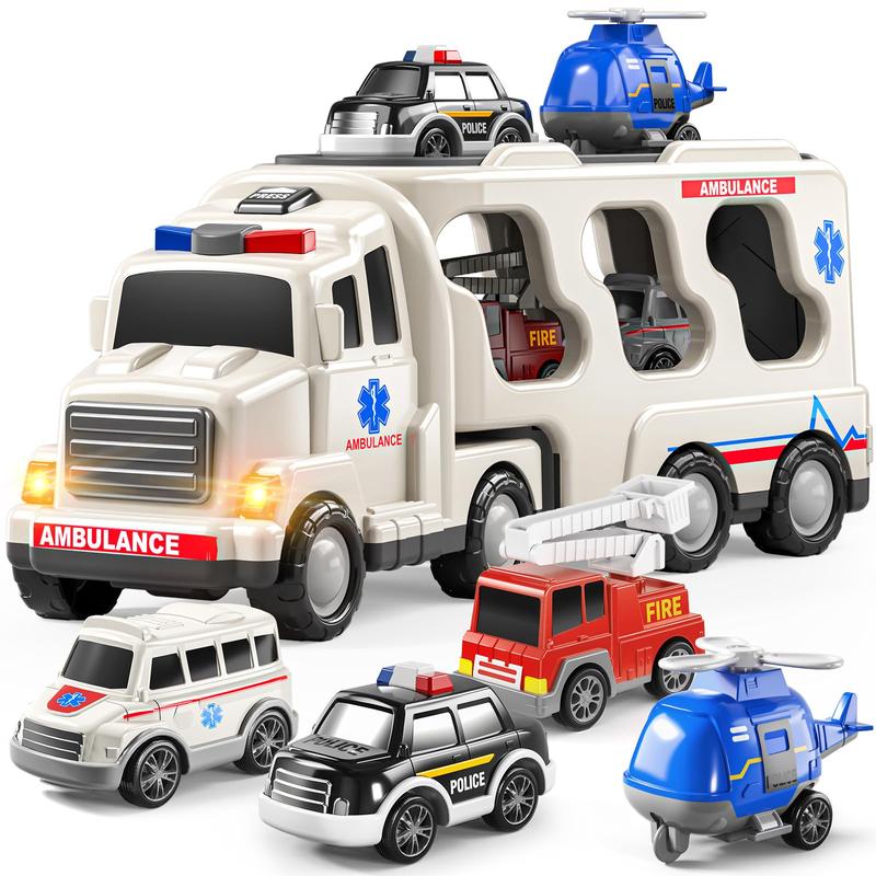 5 Pack Emergency Rescue Vehicle Truck Toys , Friction Power Cars with Rescue Helicopter, Police Car, Fire Truck, Ambulance Car, Birthday Gifts